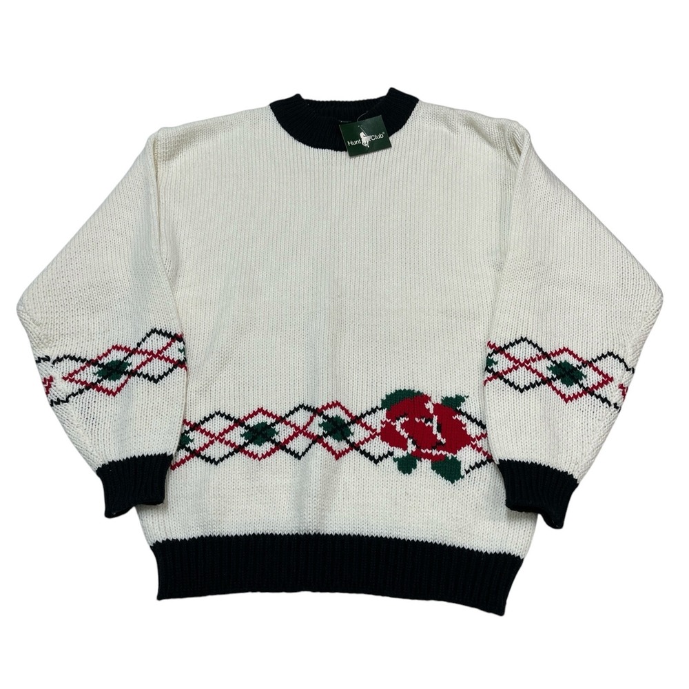 Vintage Hunt‎ Club Sweater Women 22W White Diamond Floral Trim Pullover Office